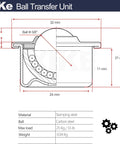 Diagram showing Sixteen Pack Five Eighth Inch Roller Ball Transfer Bearings with carbon steel construction and dimensions.