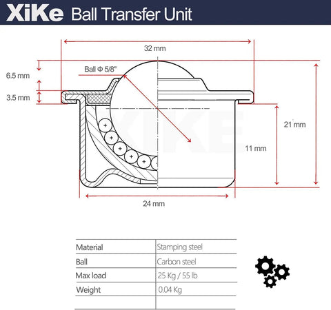 Diagram showing Sixteen Pack Five Eighth Inch Roller Ball Transfer Bearings with carbon steel construction and dimensions.