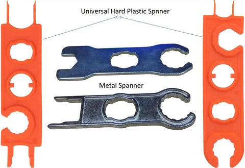 Solar Panel Connector Tool Kit For MC4 Crimping And Disconnecting, showing metal and plastic spanner wrenches.