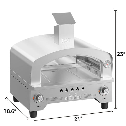 Portable Gas Pizza Oven With 15 Inch Stone, Stainless Steel Backyard Tailgate Ready Pizza Maker, Dual Side Burners 23K BTU