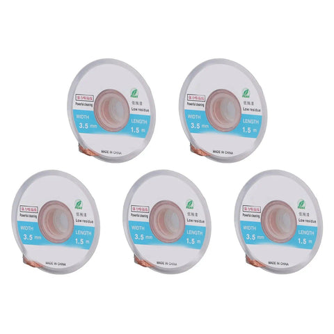 Premium Solder Wick Braid 5-Piece Copper Desoldering Wire Kit for PCB Repair showing 1.5m length and 3.5mm width spools.