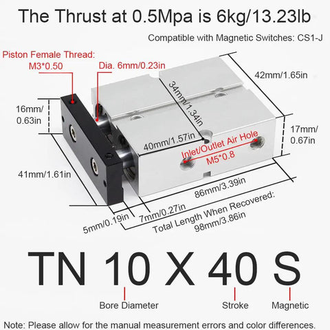 TN10X40S Dual Stroke Drive Lightweight Pneumatic Air Cylinder For Precision Motion On Production Lines Dual Rod Action Aluminum Build Workhorse Industrial Actuator For Long Lasting Pneumatic Systems. 10mm bore aluminum cylinder with 40mm stroke, M5 ports, and dimensions diagram