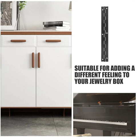 Stainless Steel Long Piano Hinge For Jewelry Boxes and Wooden Boxes with 6.1 cm hole distance on cabinet display.