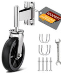 Eight Inch Heavy Duty Fence Gate Wheel With Spring Loaded Shock Absorber For Metal Tube Gates showing chrome hardware and casters.