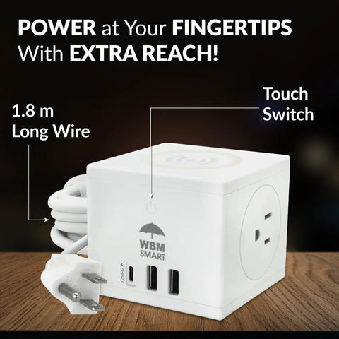 Smart Wall Mount 3 In 1 Power Strip With Wireless Charging Pad Offers Hella Reliable Surge Protection And Two AC Outlets Plus USB Type C Ports For Fast Daily Juice Up, white design with a 1.8 m long cord.