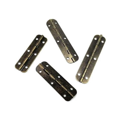 12 Piece Small Piano Hinges Set For Jewelry Boxes And Tiny Furniture, iron hinges with bronze finish, shown at different angles.