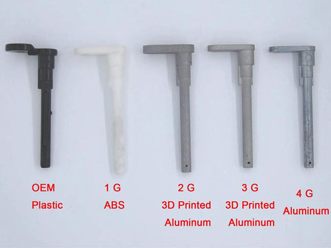 Comparison of OEM plastic, 1G ABS, 2G 3D printed aluminum, 3G 3D printed aluminum, 4G aluminum door hinges