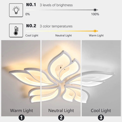 Dope Modern Leaf Ceiling Light 60W Dimmable LED With Remote Control 23.6 Inch Acrylic Flush Mount Chandelier showing brightness levels and light temperatures.