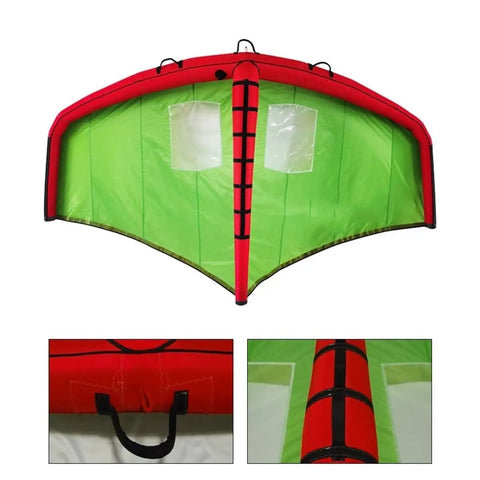 Inflatable Wing Foil With Handheld Wing, Surf Wing And Wind Foil, red and green, abrasion-resistant polyester for water sports.