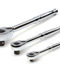 Three Piece Quick-Release Ratchet Set With 1/4 Inch, 3/8 Inch And 1/2 Inch Drives, 6 Inch, 8 Inch, And 10.5 Inch Lengths displayed on white background