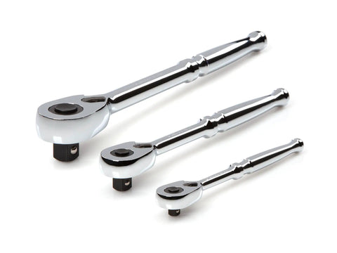 Three Piece Quick-Release Ratchet Set With 1/4 Inch, 3/8 Inch And 1/2 Inch Drives, 6 Inch, 8 Inch, And 10.5 Inch Lengths displayed on white background