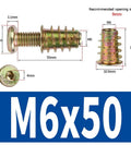 M6 Hex Socket Screws And Nuts Kit In Stainless Steel 304, Flat Round Head Chamfered, Internal Hex Drive For Heavy Duty Torque, Indoor Outdoor Ready, 40 Sets Of M6x50 Hardware For Fast Builds And Projects; M6x50 insert and screw dimensions
