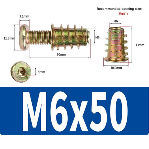 M6 Hex Socket Screws And Nuts Kit In Stainless Steel 304, Flat Round Head Chamfered, Internal Hex Drive For Heavy Duty Torque, Indoor Outdoor Ready, 40 Sets Of M6x50 Hardware For Fast Builds And Projects; M6x50 insert and screw dimensions