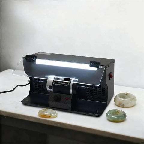 Heavy Duty Jewelry Polishing Machine 200W Bench Polisher With Variable Speed 0 to 8000 RPM displayed on workshop bench
