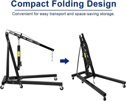 Heavy Duty Hydraulic Engine Hoist Two Ton Folding Shop Crane with compact folding design for storage and easy transport.