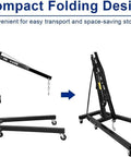 Heavy Duty 2 Ton Folding Engine Hoist With Six Wheel Hydraulic Shop Crane Cherry Picker Rig in compact folding design for storage.