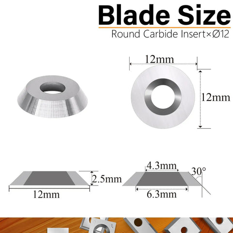 12mm Round Carbide Cutters And Inserts For Woodworking Lathes, showcasing blade dimensions and 30 degree indexable head design.