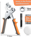 Heavy Duty Manual Grommet Press Kit With 500 Metal Eyelets for fabric, tarps, banners, and curtains, easy grip handle, tool dimensions shown