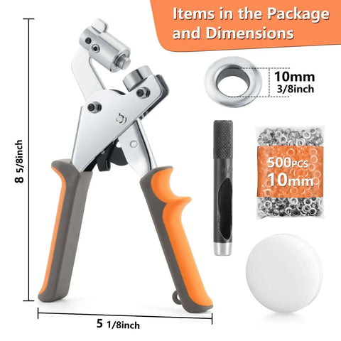 Heavy Duty Manual Grommet Press Kit With 500 Metal Eyelets for fabric, tarps, banners, and curtains, easy grip handle, tool dimensions shown