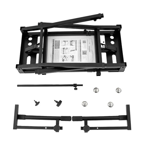 Portable Dual Laptop Stand With Adjustable Height And 2 Tier DJ Workstation components laid out before assembly