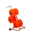 Turntable Cable Roller Stand With Wheels For Easy Wire Management And Spool Storage, 6-Tray Orange Spool Rack Organizer, side view
