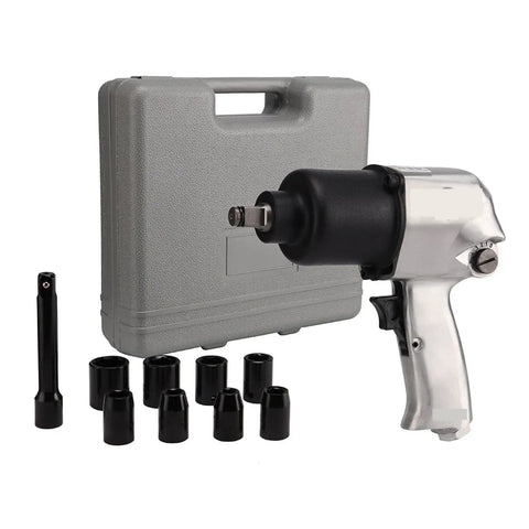 Heavy Duty Pneumatic Impact Wrench Kit Featuring Air Powered 1/2 Inch Drive And Knockout 720 Nm Torque with sockets in case.