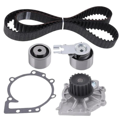 High Quality Timing Belt Kit For Volvo D3 DRIVe D4 D5 Engines 2001 Onwards Fits Engine Timing Replacement With Water Pump And Hardware For Service Keeps Ride Smooth Safe And Fixes Wear Fast Anytime On Your Rig In Shape Saving Dough Staying Cool. timing belt, pulleys, tensioner, water pump and gasket on white background
