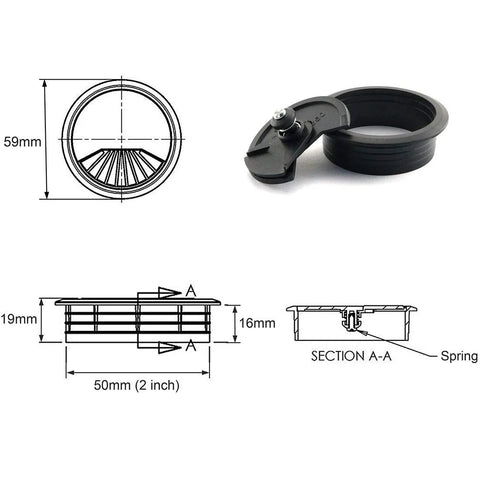 Two Pack 2 Inch Desk Grommet Hole Covers for Office PC Desk Cable Management 50mm Hole ABS Plastic Wear Resistant Durable Black 2 Pcs with size diagram