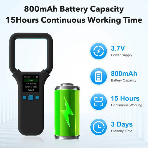 Universal Pet Microchip Scanner For ISO1178411785 FDX B EMID Chips with 800mAh battery, 15 hours working time, 1.44 inch TFT screen.