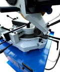 Top view of Knockout Shop Beast 4 HP 16 Inch Cold Cut Saw, showcasing its adjustable spinner vise setup for cutting metal.