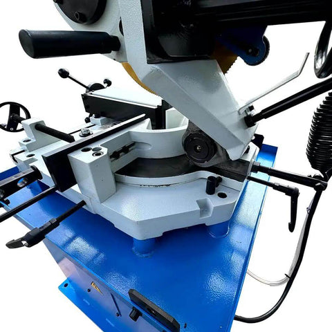 Top view of Knockout Shop Beast 4 HP 16 Inch Cold Cut Saw, showcasing its adjustable spinner vise setup for cutting metal.