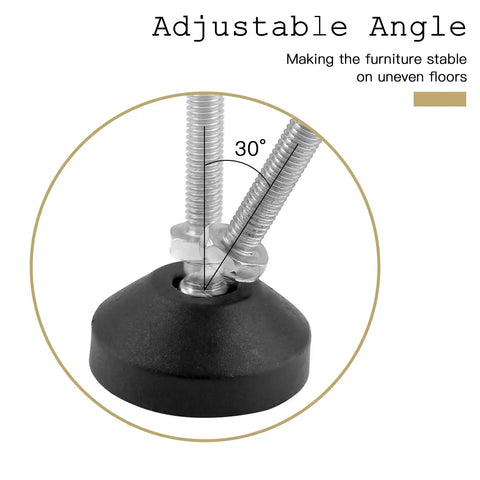 Close-up of the 4 Pcs M8 Metal Adjustable Leveling Feet Heavy Duty Swivel Furniture Glides Leveler showing adjustable angle.