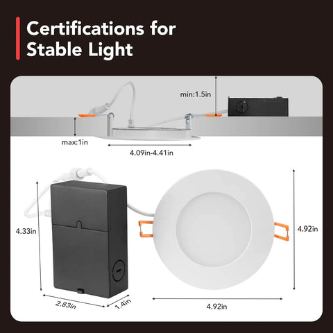 Diagram of 12 Pack 4 Inch Canless LED Recessed Lights With Junction Box, 10W Equal 75W, 5000K Daylight, showcasing dimensions and junction box.