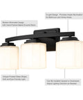 3-light vanity fixture with frosted glass, black finish; mounted horizontally; focus: lighting design for bathroom or vanity area.
