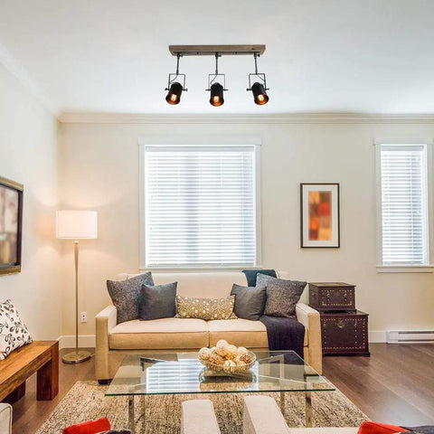 Adjustable 3-Head Track Lighting Fixture In Black Wood Finish, Modern Farmhouse Spotlight in living room