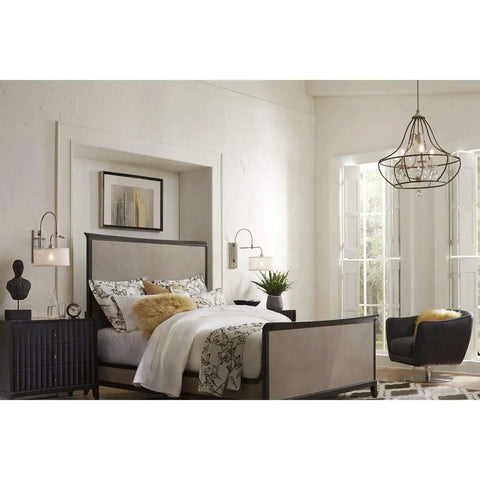 Bedroom with Kempsey Collection One-Light Swing Arm Wall Bracket Nickel Finish, Adjustable Swing Arm Wall Sconce on wall.