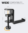 Under Desk Headphone Stand With Foldable Arm Space Saving Aluminum Headset Hanger For Gaming Headphones Desk Clamp with clamp dimensions and design features displayed.
