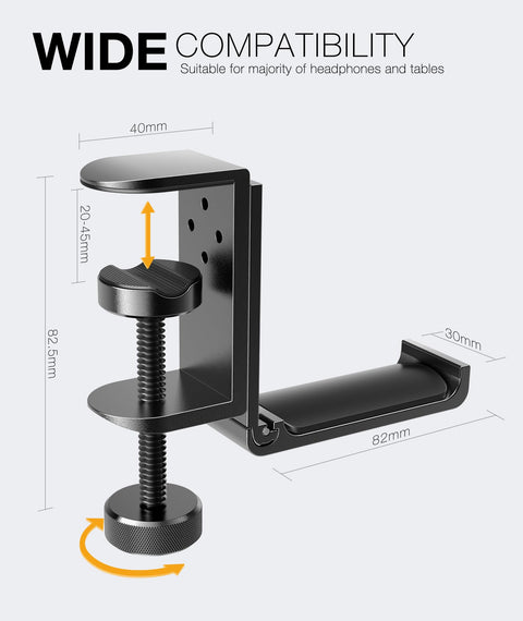Under Desk Headphone Stand With Foldable Arm Space Saving Aluminum Headset Hanger For Gaming Headphones Desk Clamp with clamp dimensions and design features displayed.