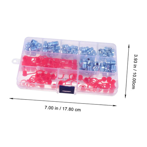 Zerk Nipples Fitting Assortment Kit With Covers for Auto and Machinery Lubrication includes straight, 90 and 45-degree fittings.