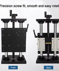 Smooth As Butter Precision Manual Linear Stage Actuator With 100mm Stroke Sliding Table showcasing front and back views for easy adjustment.