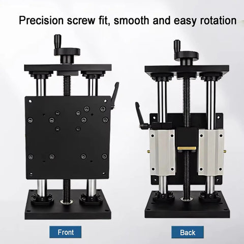 Smooth As Butter Precision Manual Linear Stage Actuator With 100mm Stroke Sliding Table showcasing front and back views for easy adjustment.