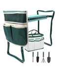 Grab And Go Foldable Garden Kneeler Seat With Two Pocket Tool Bag Pouch And EVA Foam Knee Pad, green and white, tools included.