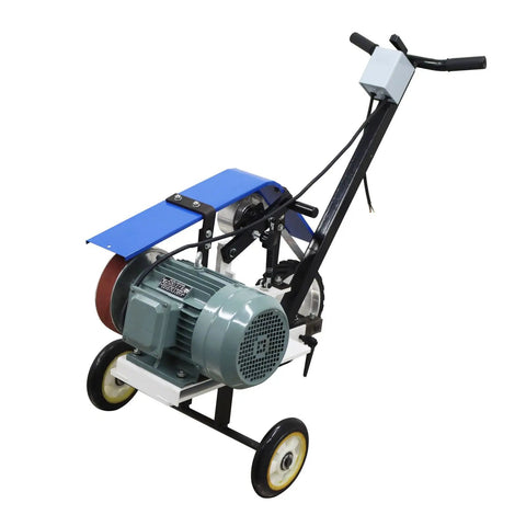 Heavy Duty Hand Push Belt Sander 75 To 82 Inch Flatbed Grinding Polishing Machine 220V showing motor and wheels for easy maneuverability.