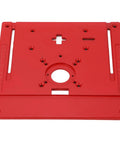 Superior Router Table Insert Plate Made To Swap Straight Into Jig Saws And Wood Trimmers, red metal with measurement scale and mounting holes.