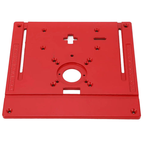 Superior Router Table Insert Plate Made To Swap Straight Into Jig Saws And Wood Trimmers, red metal with measurement scale and mounting holes.