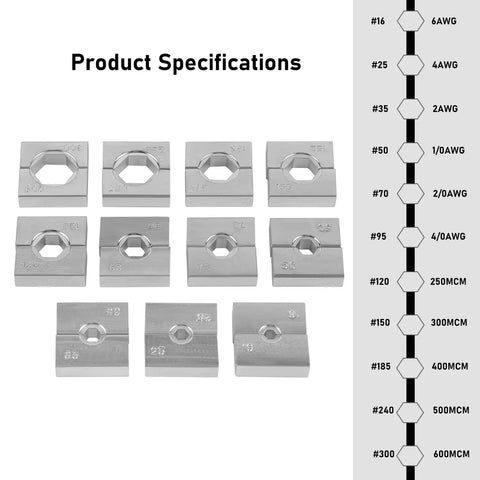 Replacement Hydraulic Crimper Die Set With 11 Hex Lug Dies For Steel Cable And Copper Terminals From 4 AWG To 600 MCM Heavy Duty Crimp Tool Parts Compatible With 1611SL, size chart