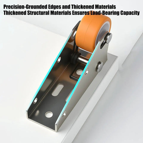 Universal Door Sag Fix Kit And Heavy Duty Gate Caster Wheel For Sliding Wood Fences Smooth Operation Hinge lift assist tool close-up of caster wheel and steel mount.