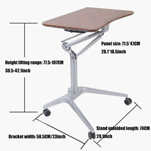 Rolling Laptop Desk With Adjustable Height Stand Ergonomic Portable Workstation For Home Office Gaming Setup side view highlighting height range and dimensions.