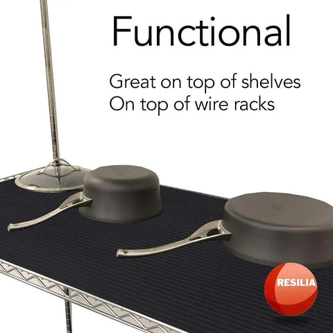 Heavy Duty Black Plastic Utility Runner For Toolbox Liner And Workbench Protection With Embossed Wide Rib Pattern on shelf with pots