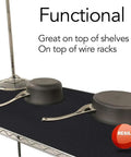 24 Inch Wide Black Plastic Utility Runner With Embossed Wide Rib Pattern on metal shelf with pans, Made In USA